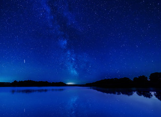 The milky way and the stars reflected in the water.