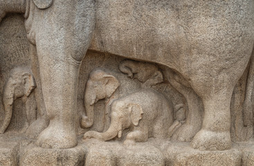 Ancient basreliefs  and statues   in Mamallapuram, Tamil Nadu, India