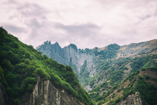 View of mountains Babadag and a muddy river Girdimanchay Lahij yolu from the side in Lahic village, Azerbaijan