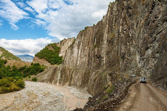 View of mountains Babadag and a muddy river Girdimanchay Lahij yolu from the side in Lahic village, Azerbaijan