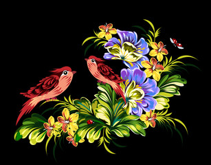 A pair of birds sitting in a thicket of peony flowers