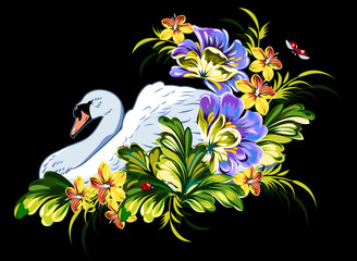Swan in lush wildflowers