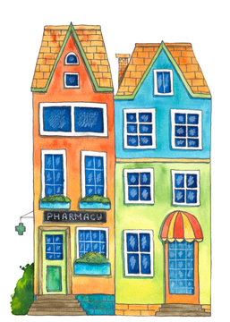 Watercolor house Pharmacy. Hand drawn illustration.