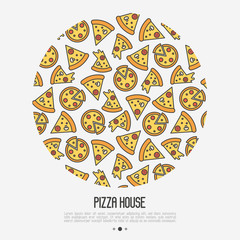 Pizza concept in circle with thin line icons. Vector illustration for flyer, banner or menu of restaurant.
