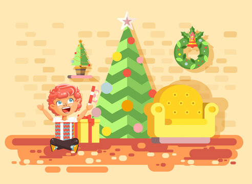 Vector illustration cartoon character child redhead boy sit under Christmas tree, unwrap gifts in home interior room happy New Year and Christmas celebrate party flat style element motion design