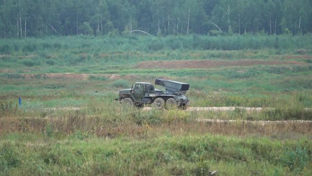 Moving Russian army multiple rocket launcher