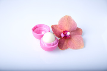 Fototapeta na wymiar Lip balm in a rose jar with flower isolated on white