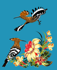 A pair of hoopoes on a  blossom branch