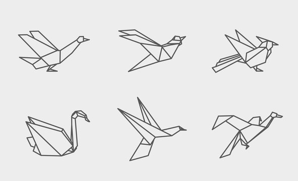 Origami birds linear icons.