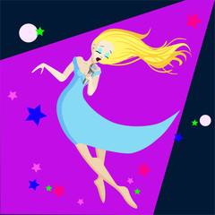 Singing girl. Pop singer Vector illustration flat cartoon illustration isolated on dark background.