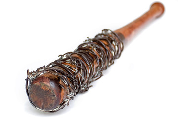old bloody baseball bat with barbed wire on white background, isolated