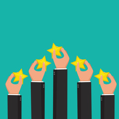Hands holding rating star. Feedback concept. Vector illustration