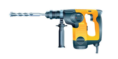 Professional rotary hammer with a drill on white background. Vector illustration