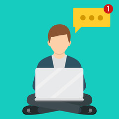 Freelance man working with laptop on armchair. Freelance job. Flat design.  Freelancer works. Vector illustration of a flat design