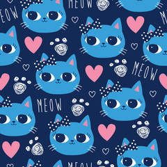 seamless cat with dark blue pattern vector illustration