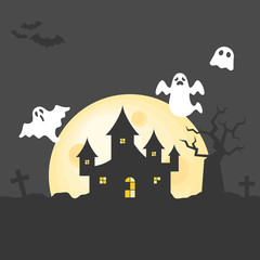 abandoned house on graveyard with spooky tree and flying ghost in full moon day, flat design illustration for halloween background