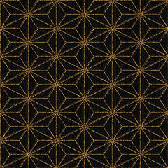 Seamless pattern based on japanese sashiko. Hemp leaf motif - Tobi asa-no-ha. Golden color. Abstract geometric texture. Plain backdrop for decoration, wallpaper or web-page background.