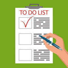 Hands holding a document and pen, marks to do list. Business concept. Flat vector design.