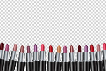 Vector set of realistic isolated color lipsticks on the transparent background. Concept of cosmetics, beauty and fashion.