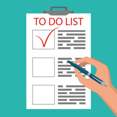 Business concept. Flat vector design. Hands holding a document and pen, marks to do list.