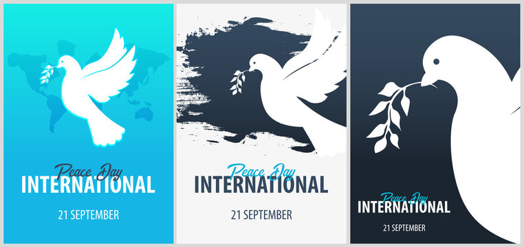 International Peace Day poster. 21 September. Dove with olive branch.