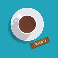 Chocolate, snack. Vector illustration. Cup of coffee on a wood table.