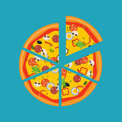 Isolated pizza, traditional ingredients for the pizza. Vector Illustration.