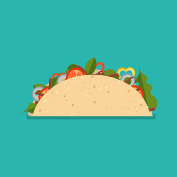 Vector illustration flat style. Taco mexican food isolated on background. Taco fast food, icon