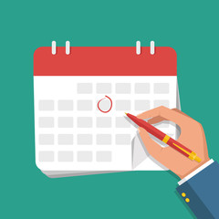 Vector flat illustration. Businessman hand with pen marks on the calendar.