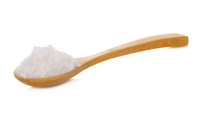 sea salt on wooden spoon isolated on white background