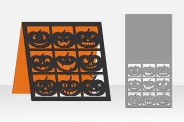 Card Halloween pumpkin for laser cutting. Silhouette design. Vector illustration.