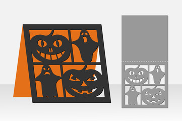 Card Halloween pumpkin for laser cutting. Silhouette design. Vector illustration.
