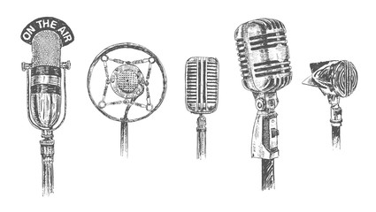 Set of microphones isolated on white background. Retro Vintage hand drawn engraving style vector illustration. Scratch board imitation