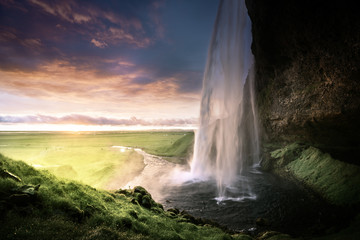 Seljalandsfoss waterfall at sunset, Iceland