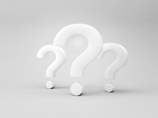 Three question signs on gray background, 3D render