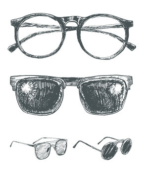 Set of eyeglasses and sunglasses. Fashion vintage elements hand-drawn collection. Engraving style retro vector lineart  illustration