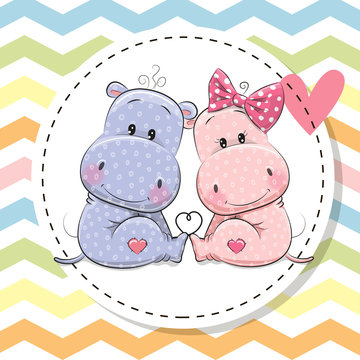 Greeting Card with Two cute Hippos