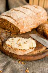 Studio shot rye bread and butter sandwich