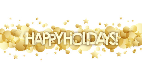 HAPPY HOLIDAYS Banner with gold bokeh lights and stars