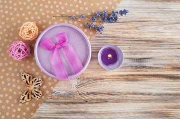 Purple gift box, Lavender flowers, candle