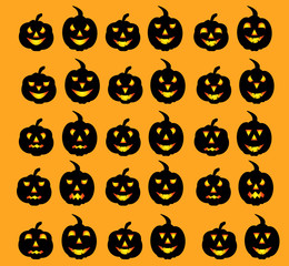 Halloween decoration Jack-o-Lantern silhouette set. Pumpkins designs with different facial expressions