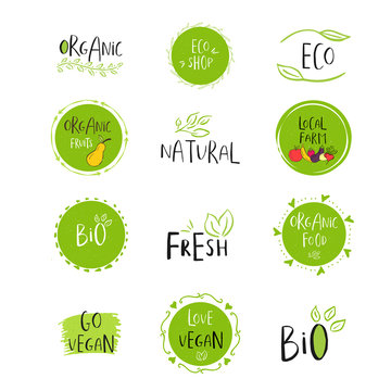 Vector eco, bio green logo or sign. Vegan, raw, healthy food bad