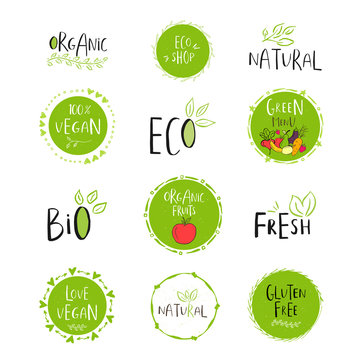 Vector eco, bio green logo or sign. Vegan, raw, healthy food bad
