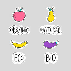 Healthy sticker, embroidery, badges  with fruits and vegetables.