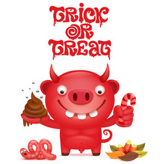 Cute cartoon red devil character. Trick or treat card