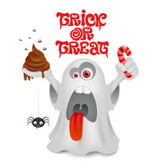 Crazy cartoon ghost character. Trick or treat concept card