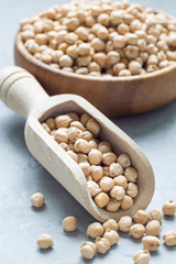 Uncooked dry chickpeas in wooden bowl and in scoop, vertical