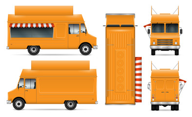 Food truck vector mock-up for car branding and advertising. Mobile kitchen van. Corporate identity element. All layers and groups well organized for easy editing. View from side, front, back, top.