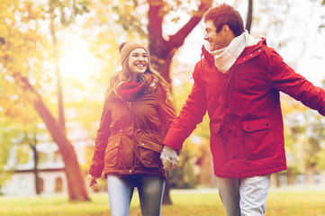 happy young couple walking in autumn park