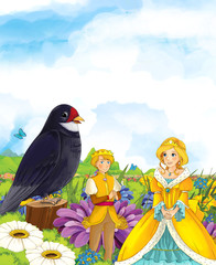 Cartoon fairy tale scene with a young princess on the meadow near the castle smiling and looking at cuckoo and prince - illustration for children